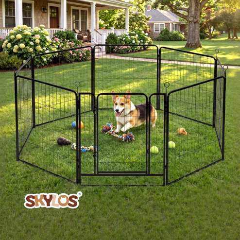 Skylos Dog Pen 8 Panel Steel Playpen Foldable Indoor Outdoor Pet Enclosure Black