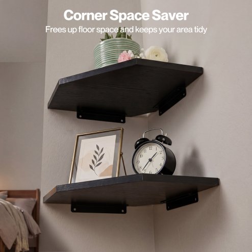 Levede 2 Pack Floating Corner Shelves Cable Cut-Out Wall Mounted Storage Black
