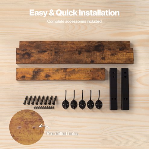 Levede Coat Rack Wall Mounted Wooden Hooks Hangers Storage Shelf 2 Pack Brown