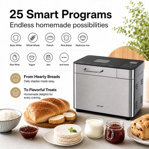 Spector Bread Maker 25 In 1 15H Timer 3 Loaf Sizes with LCD for Home Baking