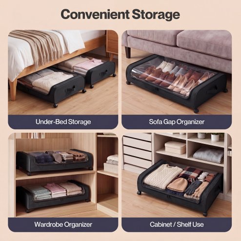 Levede Under Bed Storage Boxes with Lids, 46L x2, Rolling, Black, Oxford