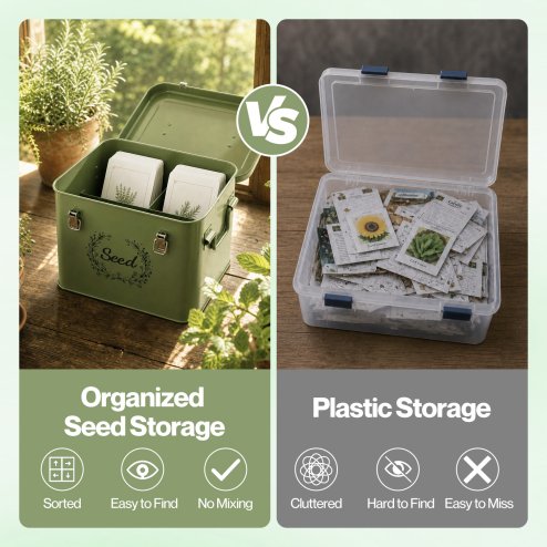 TOQUE Seed Storage Box Organiser 3 Compartment Metal Seed Storage Green