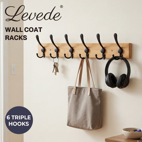 Levede Coat Rack Wall Mounted 6 Triple Hooks Holds Coats & Bags, Hallway Bamboo