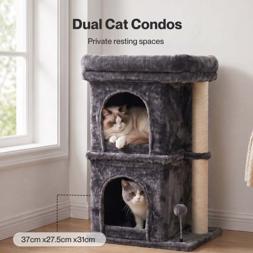 Skylos Cat Tree with Scratching Sisal Post Large Top Perch 2 Condos Dark Grey
