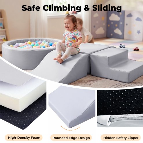Dekko Soft Play Set 5Pc PU Leather Foam Blocks Baby Climbing Sliding Indoor Grey