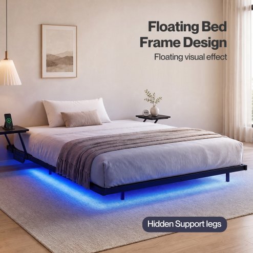 Levede Double Bed Frame Floating Design with Storage Shelves RGB Lights Black