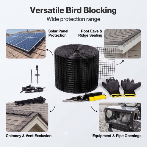 Mountview Bird Proofing Mesh Set PVC 60 Fixing Clips 30m for Solar Panel Black