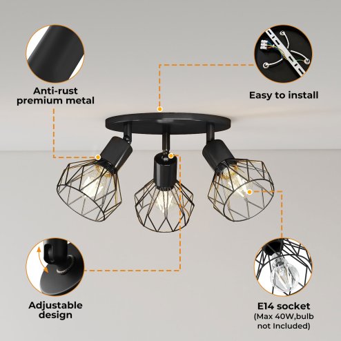 EMITTO 3-Way Spotlight Ceiling Light Adjustable Vintage Black E14 Metal Fixture
