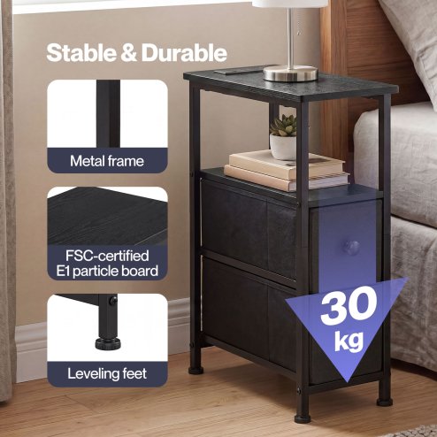 Levede Bedside Table Narrow Side Table with LED Charging Station Storage Black