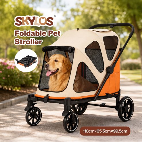 Skylos Dog Pram Stroller Foldable Pet Pushchair with Brake Suspension Orange