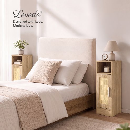Levede Bedside Table 2 Pc Narrow Side Table Boho Rattan Storage For Bedroom Wood