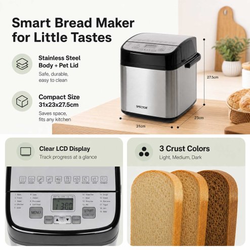 Spector Bread Maker 19 In 1 Compact Machine 15H Timer 1.5Lb for Home Baking