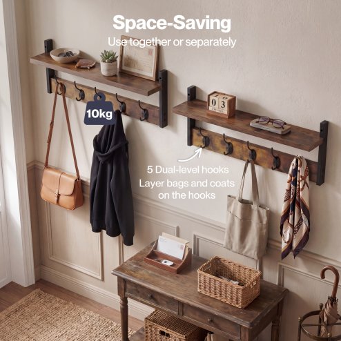Levede Coat Rack Wall Mounted Wooden Hooks Hangers Storage Shelf 2 Pack Brown