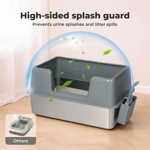 Skylos Stainless Steel Cat Litter Box High Sided Litter Tray with Scoop Pedal