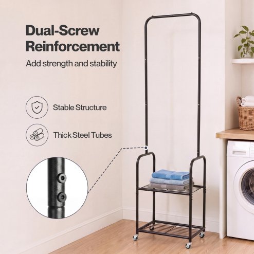 Levede Clothes Rack Heavy Duty Garment Rack 2 Shelf Locking Wheels Bedroom Black
