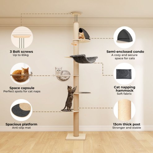 Skylos Floor to Ceiling Cat Tree Adjustable Height 206-300cm 6-Tier Cat Tower