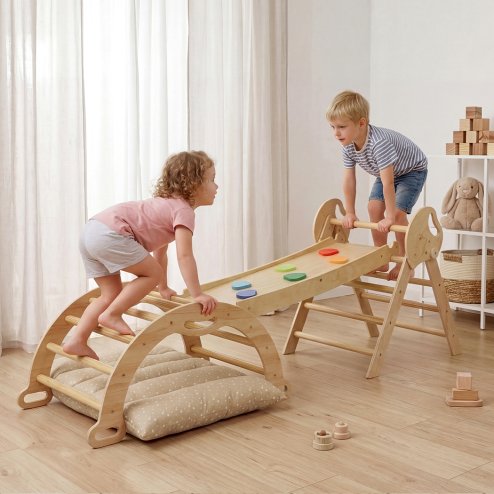 DEKKO 8 in 1 Triangle Climbing Set Kids Wooden Climber with Arch Slide Natural