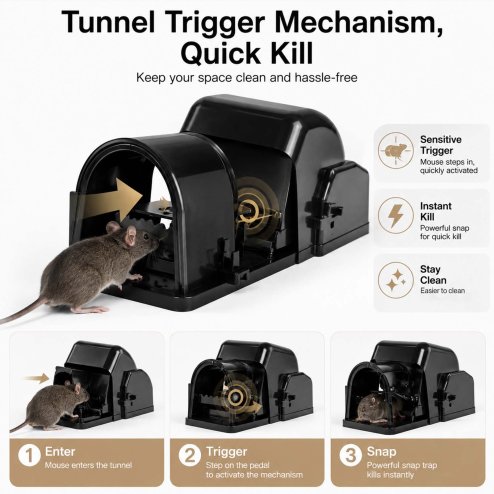 TOQUE Mouse Trap Quick Tunnel Catch Safe Reusable Indoor for Kitchen Black 4pc