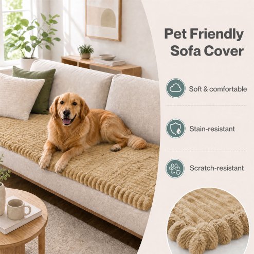 Marlow Corduroy Sofa Cover Pet Friendly Non Slip Washable 70 x 150cm Light Camel