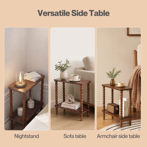 Levede Narrow Side Table 2 Tier Storage MDF End Table Rubber Wood Legs Brown