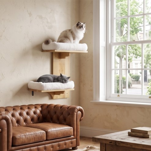 Skylos Cat Wall Shelves 2 Platform Steps Rubber Wood for Cat Climbing White