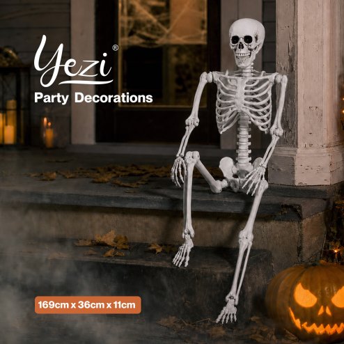 Yezi Halloween Skeleton Life Size 169cm Posable Jointed ABS Spooky Patio White