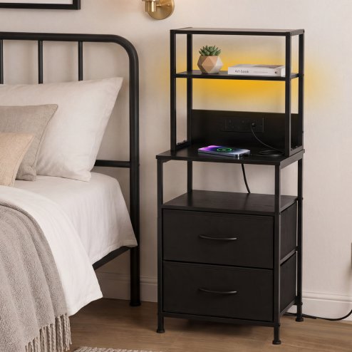 Levede Bedside Table with Charging Station,LED Light 2 Drawers Storage Black