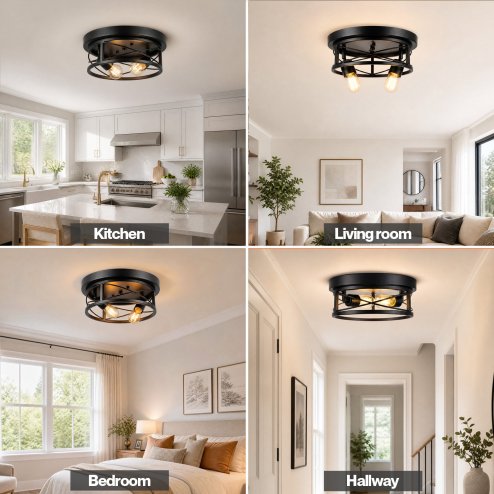 Emitto Ceiling Lights E27 Metal Cage Adjustable Heads Kitchen Fixture Black