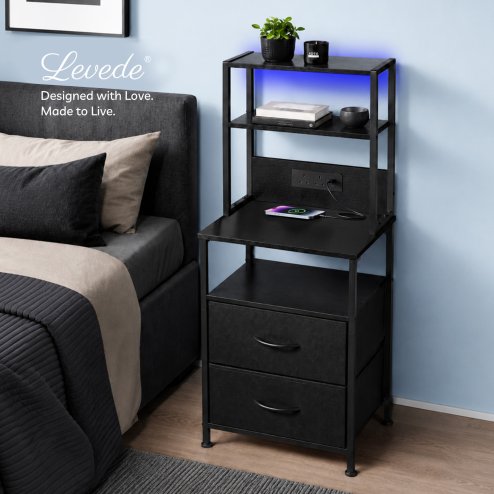 Levede Bedside Table with Charging Station,LED Light 2 Drawers Storage Black