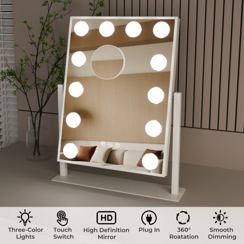 Emitto LED Hollywood Makeup Vanity Mirror Dimmable 3 Colour Lights 31x47cm