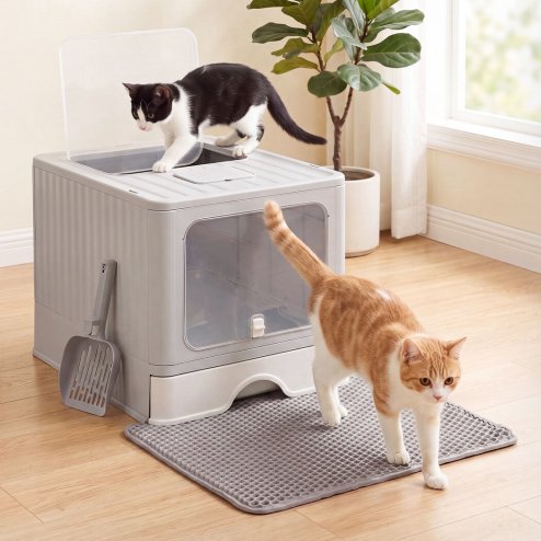 Skylos Cat Litter Box Stainless Steel Enclosed Drawer Odor Control Foldable Grey