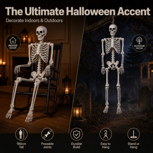 Yezi Halloween Skeleton Life Size 169cm Posable Jointed ABS Spooky Patio White