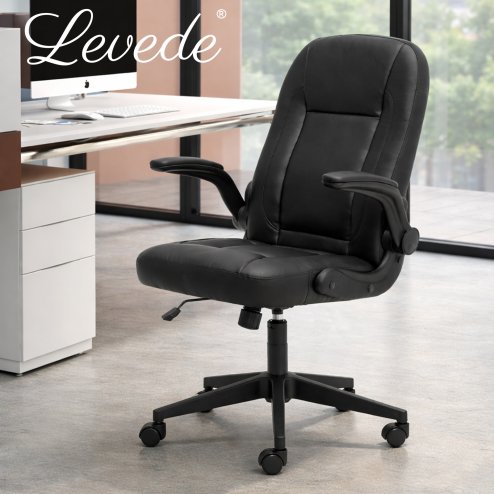 Ergonomic Office Computer Chair PU Leather Swivel Recliner with Flip-Up Armrests