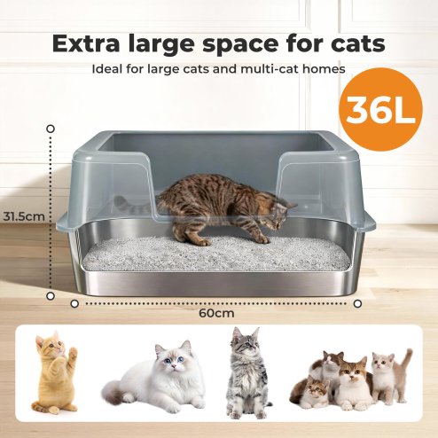 Skylos Stainless Steel Cat Litter Box High Sided Litter Tray with Scoop Pedal