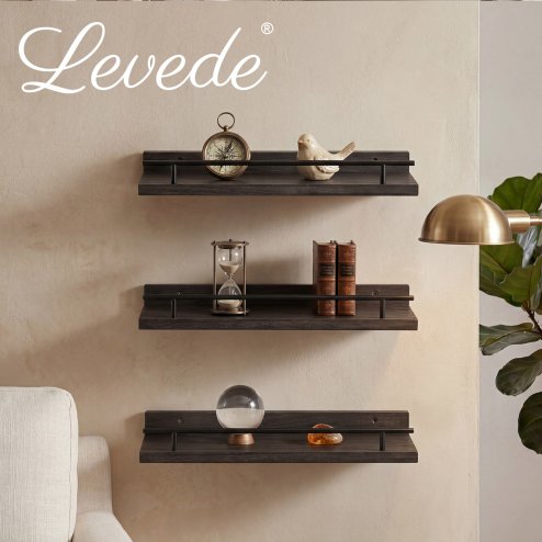 Levede Floating Shelves Set of 3 Wooden Wall Mounted Shelves Storage Black