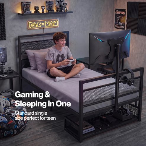 Levede Single Bed Frame Gaming Bed TV Bed 360 Rotating Mount Metal Black