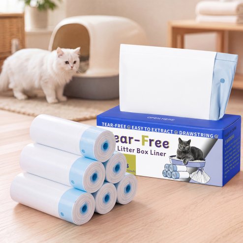 Skylos Cat Litter Bags Drawstring Tear Resistant 120 Pack Auto Litter Tray Blue