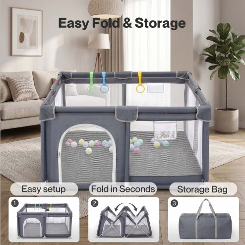 Dekko Baby Playpen 150x180cm Play Mat with 50 Ocean Balls 65cm Safe Height Grey