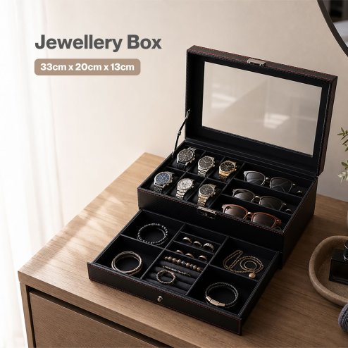 Watch Box Watch Storage Jewelry Box 2 Layer Glass Lid Lockable Display Black