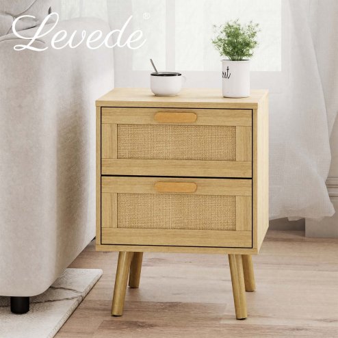 Levede Bedside Table Rattan 2 Pack Drawers Nightstand End Table Bedroom Bamboo