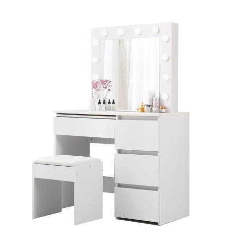 Levede Vanity Makeup Dressing Table White with Led Light Mirror Drawer PU Stool Image