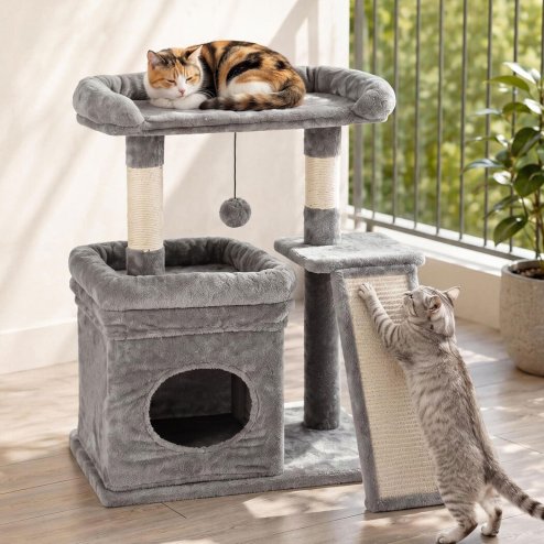 Skylos Cat Tree Tower Large Perch Condo Sisal Scratcher Indoor Felines Grey