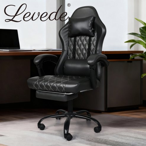 Levede Office Desk Chair PU Gaming Recliner Adjustable Height Swivel Black