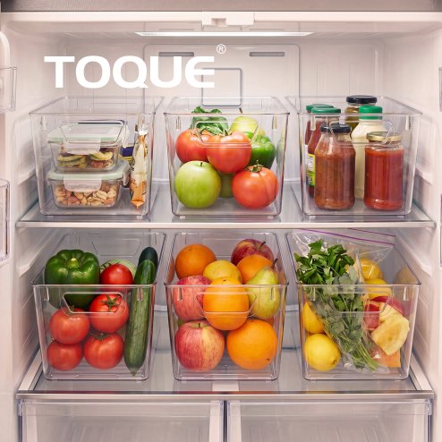 TOQUE 6PCS Fridge Storage Bins Clear Kitchen Organiser Containers PET Stackable