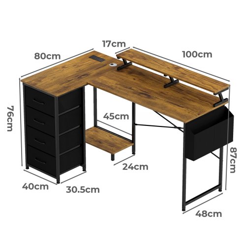 Levede Gaming Desk L Shaped with USB Charging Port Power Outlet Walnut Color