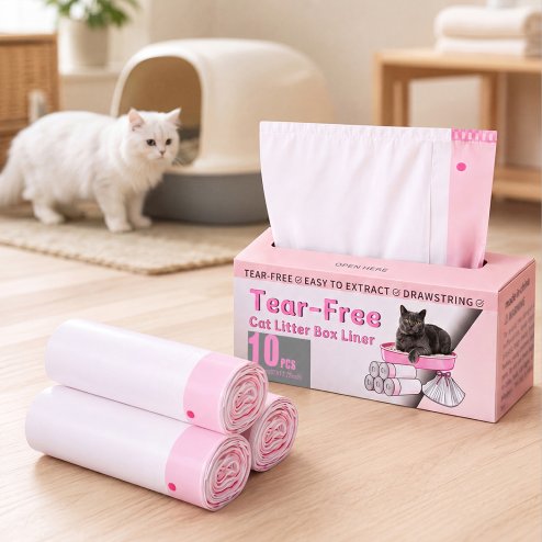 Skylos Cat Litter Bags XL for Standard Trays Heavy Duty Drawstring 30pc Pink