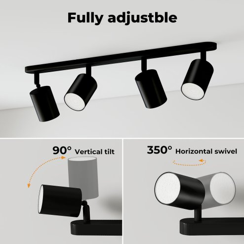 EMITTO Led Ceiling Spot Light GU10 4-Way Fully Adjustable Steel Modern Black