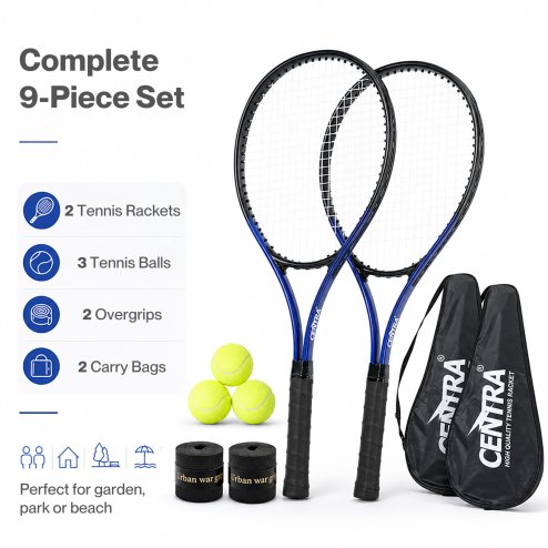 Centra 9Pcs Tennis Racket Set Lightweight Racquet Balls Carry Bag Overgrips