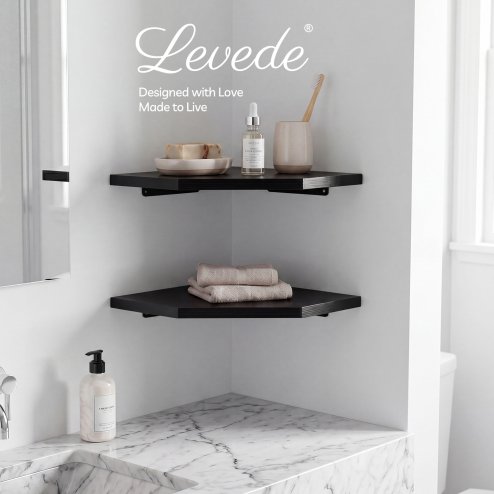 Levede 2 Pack Floating Corner Shelves Cable Cut-Out Wall Mounted Storage Black