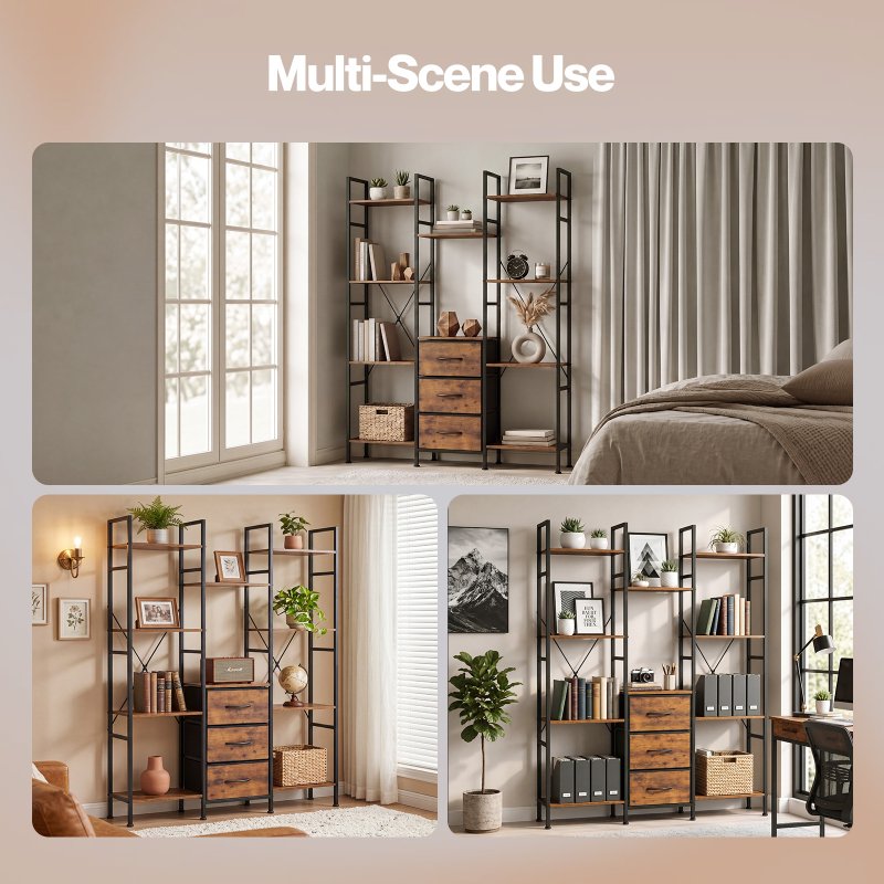 Levede Book Shelves 10 Open 3 Fabric Drawers Tall Storage Unit for Office Brown